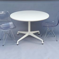 Mid Century Modern Design Authentic Herman Miller  Aluminum Group 42" White Base and Top Table w/ Two Clear Eames Design Chairs
