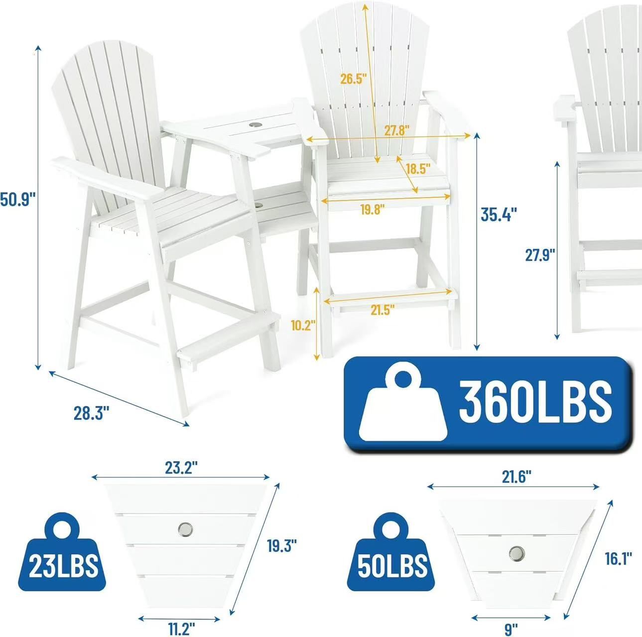 🥨2Pcs Tall Adirondack Chairs,Recycled Poly Balcony Chair with Double Connecting Tray Patio Stools Weather Resistant for Outdoor Deck