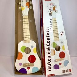 Janod Confetti Wooden Ukulele Kids Toy Instrument w/ Box – Polka Dot, Made In France!