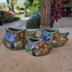 Painted Fish Set Clay Pots, Planters,Plants, Pottery. First come first serve.