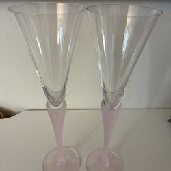 Pair of Pink Sasaki Crystal Aegean Fluted Champagne Glass Frosted Shell Stem $10