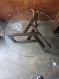 Round Glass Coffee Table with Wood Base –
