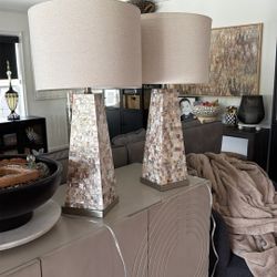 Two Mother Of Pearl Lamps With Shades. 