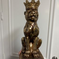 14.5” Gold & Black Cheetah Leopard Statue With Crown. Regal & Majestic Jungle Safari Leo The Lion Style. See Our Matching Metal Box!