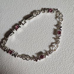 Avon Mom Silver Tone Tennis Bracelet W/Hearts & Pink Stones Gift For Mom 9inch