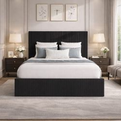 Queen Bed Frame, Upholstered Platform Bed, Adjustable Vertical Channel Tufted Headboard, Corduroy Fabric, Modern Low Profile, Wooden Slats, No Box Spr