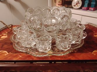 Tiffin-Franciscan L.E Smith Moon & Stars Punch Bowl, Large Under Plate & 12 Cups