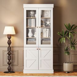 Kitchen Pantry Cabinet, Rustic Farmhouse Storage Hutch with Glass Doors & Adjustable Shelves, Freestanding Wood Buffet Cabinet