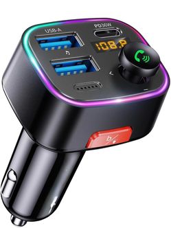Bluetooth 5.4 Car Adapter 48W FM Transmitter for Hands Free Calls Light Switch, Fast Charge (PD 36W & 12W), HiFi Bass Sound, LED Display, USB Drive Su