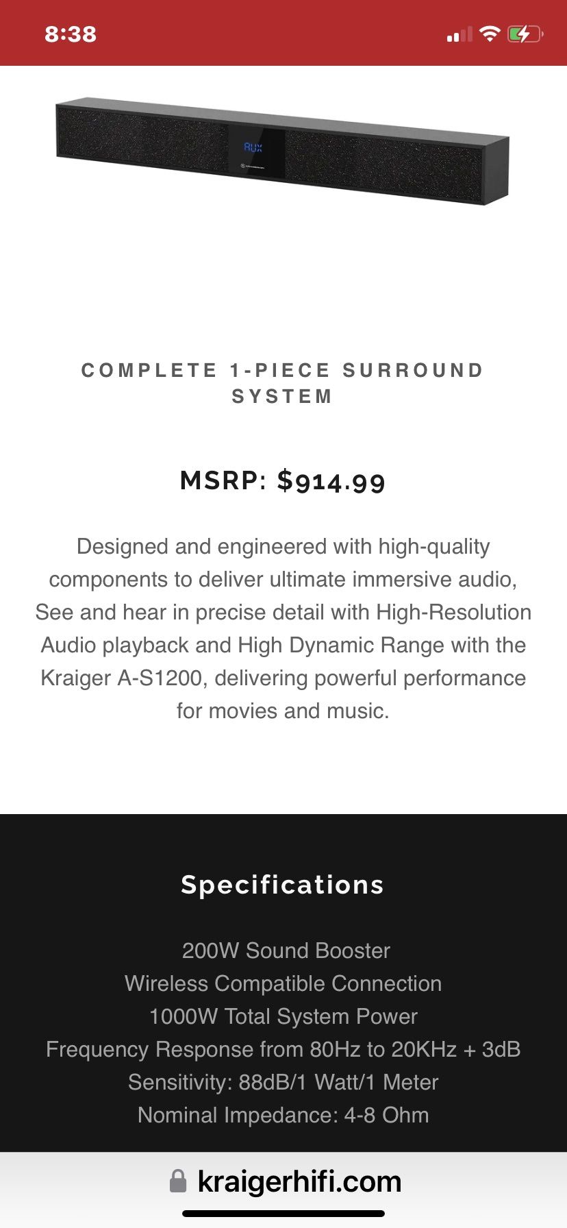 Kraiger Hifi A-S1200 Complete One-Piece Surround System NIB