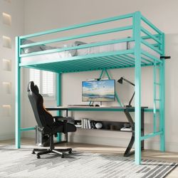 Twin Size  Metal Loft Bed Twin Size with Safety Guard & Removable Ladder, Green