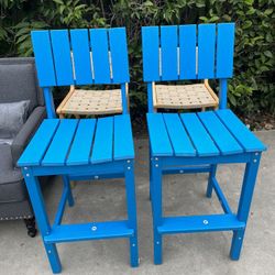 Patio Bar Stools Set of 2, Heavy Duty Bar Height Adirondack Chairs with Footrest, 27.8 inch High Balcony Chair for Deck Pool, Bright Blue