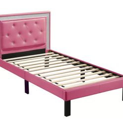 Brand New Pink/White/Black Faux Leather Twin Platform Bedframe With Faux Rhinestones