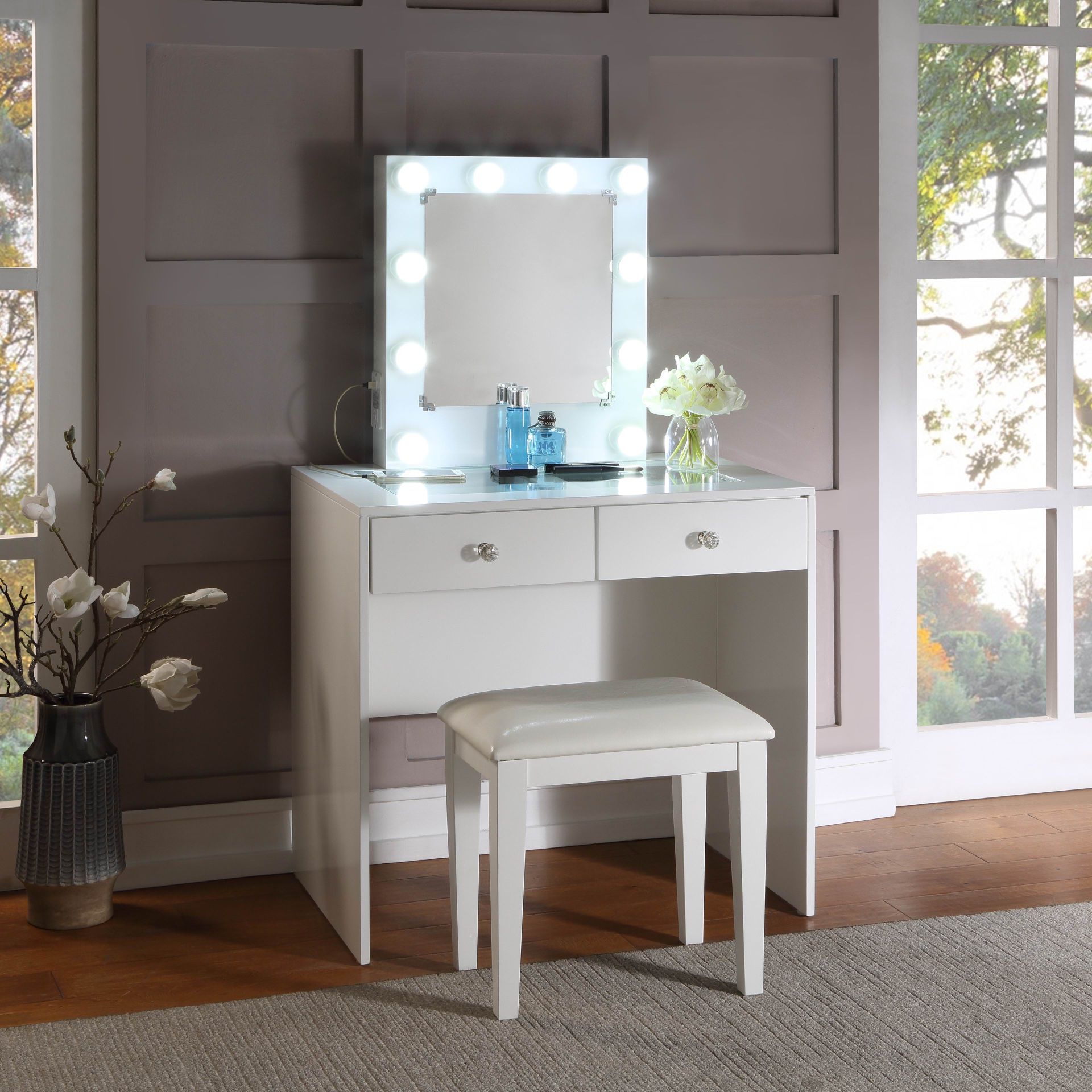 Makeup Vanity And Stool In White Finish