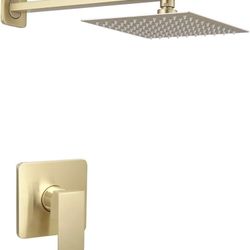 Brushed Gold Shower Faucet Set, Single Function Shower Trim Kit with Rough-in Valve, Square Rain Shower Head System Included Extra Long Shower Arm for