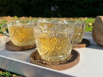 Vintage Tea Cup Set with Carved Wooden Coasters – Set of 4