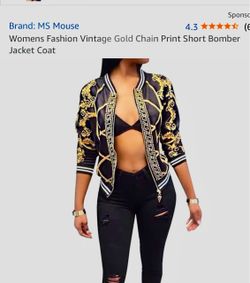 Womens Fashion Vintage Gold Chain Print Short Bomber Jacket $20