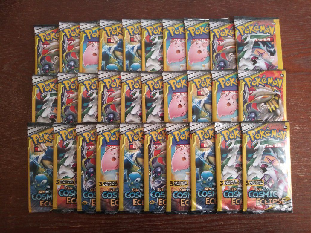POKEMON THIRTY (30) SUN & MOON COSMIC ECLIPSE 3 CARD BOOSTER PACKS ALL BRAND NEW & FACTORY SEALED!!!