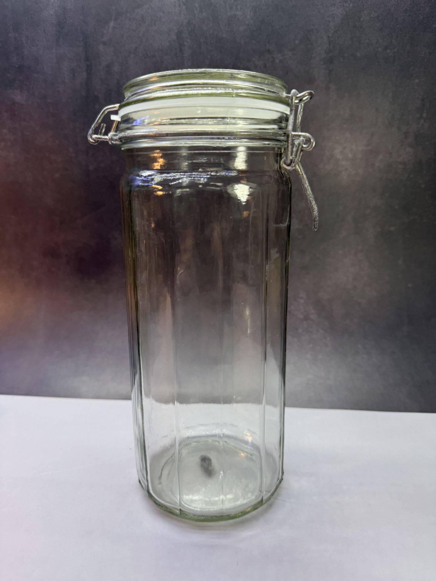 (2) Vintage Clear Paneled Canister Jar set. 5 1/2” & 10” tall. Wire Bale Hinged Lids with new silicone gaskets.