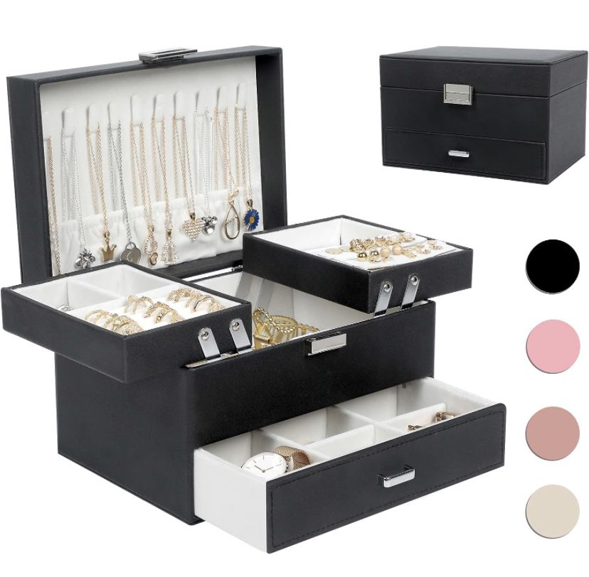 Jewelry Boxes for Women Girls, Jewelry Holder Organizer Box, 3 Layers Jewelry Storage Organizer for Earring, Ring, Necklace, Bracelets (Black)