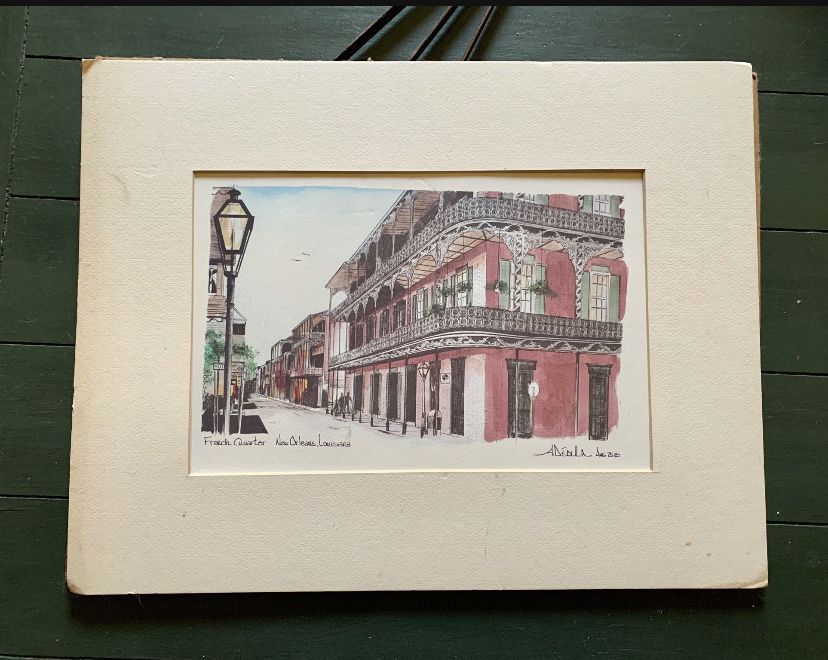 Vintage FRENCH QUARTER NEW ORLEANS, LOUISIANA watercolor print with matte by A DEDULA 1975