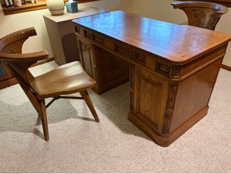 Vintage custom hand carved solid oak partner’s desk
