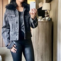 Fashion Nova Studded Jacket with Fur Collar