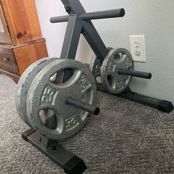 Standard barbell and weight plates with plate stand