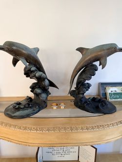 Bronze Dolphin Bookend Sculptures Pair