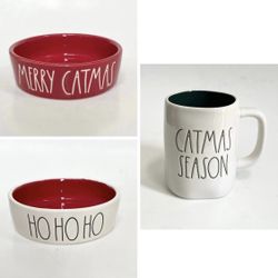 Rae Dunn Merry Catmas Ho Ho Ho Christmas Season Red Green White Mug Pet Bowl