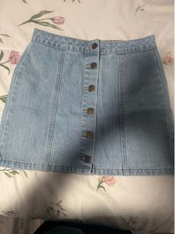 Light wash denim button front mini skirt