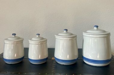 Vintage 4-Piece McCoy Pottery Blue Striped Canister Set - Lancaster Era (1970s/80s)