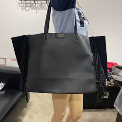 Victoria's Secret Black Faux Leather Fringe Pebbled Large Travel Carry On Tote