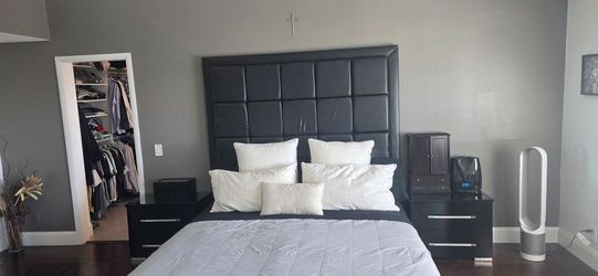California King Custom Bed with dresser mirror and nightstands