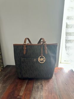 Michael Kors Signature Jet Set Tote Bag – Brown Monogram with Tan Leather Trim