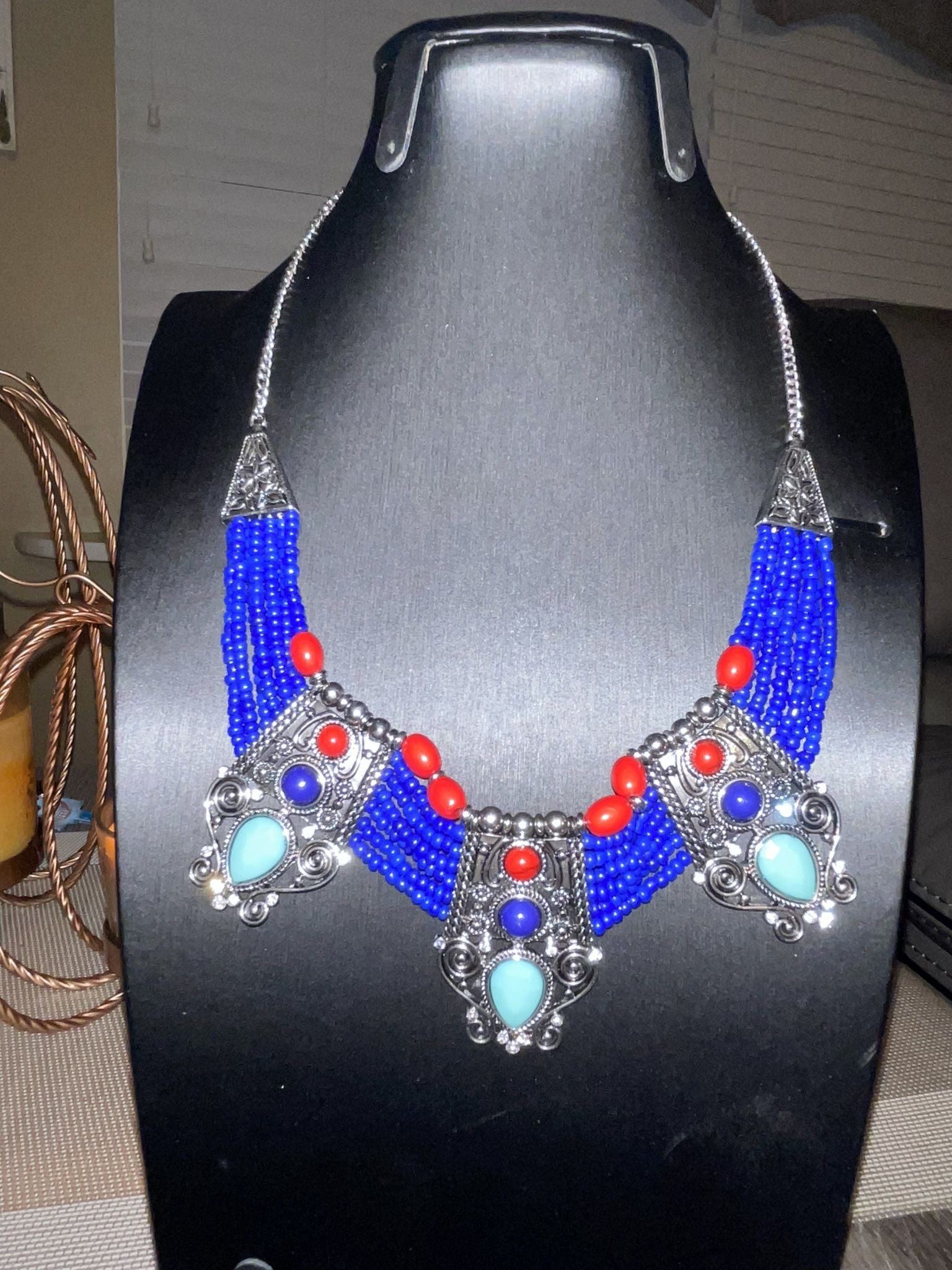 BRAND NEW - Costume Jewelry -  Red/Turquoise Blue Beaded Necklace - Medium Length