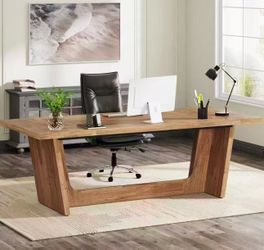 JW0903 70.87-Inch Executive Wood Computer Desk: Large Home Office Desk with Solid Wooden Pedestal, Industrial Study Writing Table, Workstation Busines