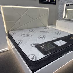 New 4PC White Bedroom Set w/ LED Lights and Storage (Mattress No Included)