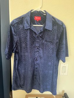 Supreme Spider Web Velvet Short Sleeve Shirt Navy M Medium FW21 Embossed New