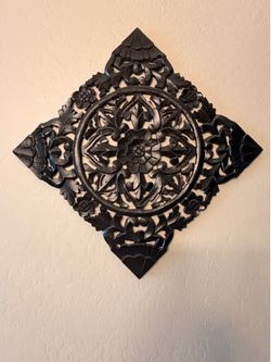 15” Hand-Carved Black Wood Wall Decor | Boho | Rustic | Farmhouse
