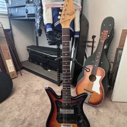 Vintage 1960s Teisco E-110 Electric Guitar – All Original + Case – Beautiful Sunburst & Floral Pickguard