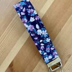 Purple Floral Keychain Wristlet Lanyard Keyfob