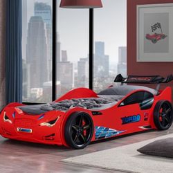 In- Stock & Going Out Fast Twin Car Bed With Mattress & LED headlights 