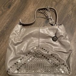 The SAK Indio Grey Glazed LEATHER Studded Hobo Shoulder Bag w/Fringe Tassel