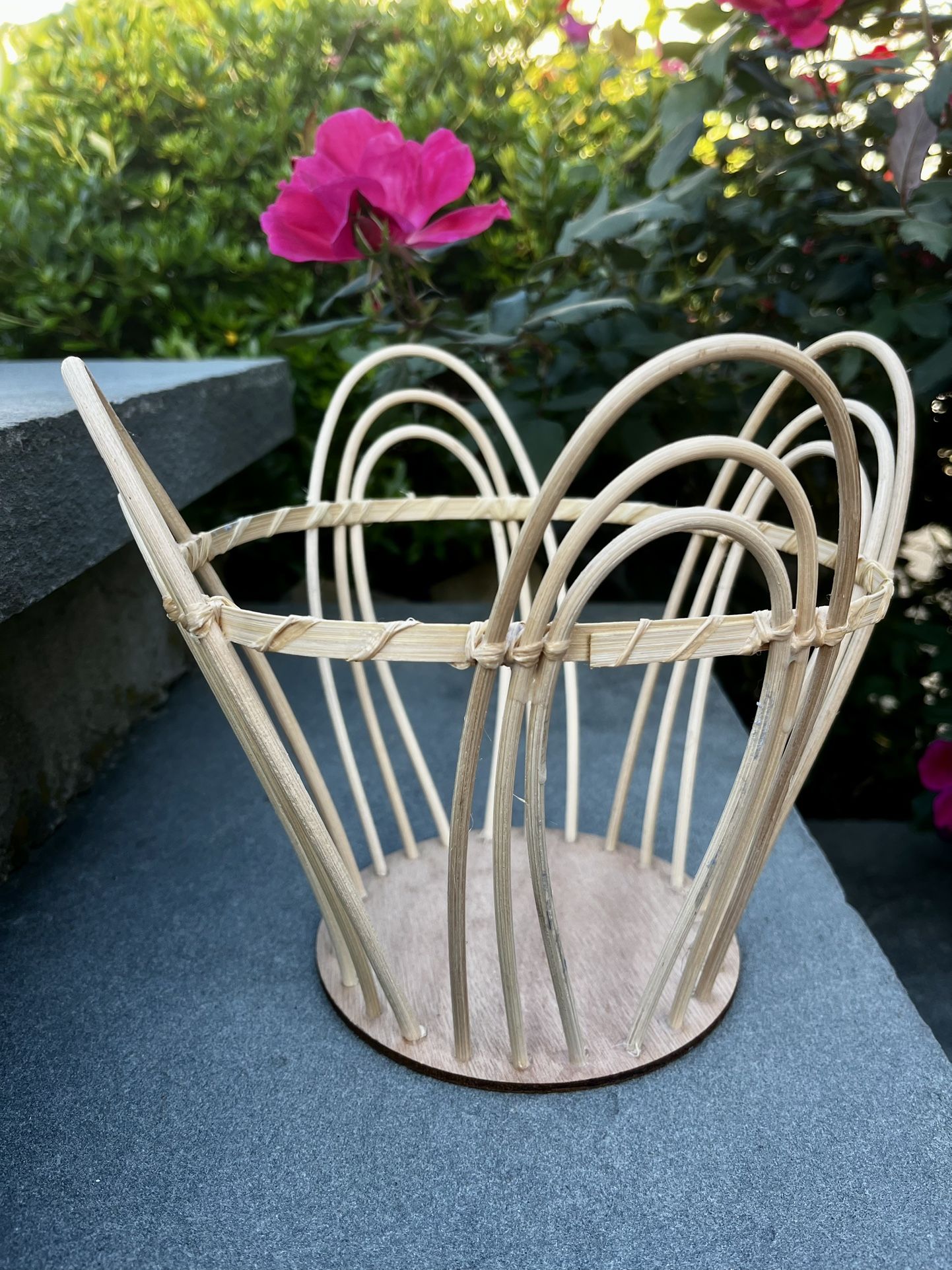 rattan and wood open-weave basket