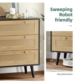 3 Drawer Rattan Dresser for Bedroom, Modern Wooden Dresser Chest with Handles for Bedroom, Hallway and Living Room, Black 