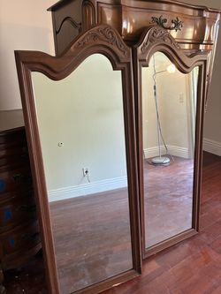 French Provincial Wood Armoire with Mirrored Doors
