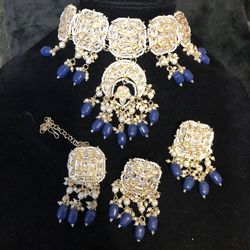 Kundan Choker Necklace Indian Bollywood Navy Blur Pakistani Jewellery Navy Royal Blue Jewery Set 