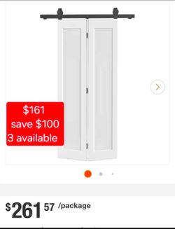 ✨️ CALHOME 28 in. x 84 in. 1-Panel Shaker Hollow Core White Composite Bi-Fold Door with Sliding Barn Door Hardware Kit w4135