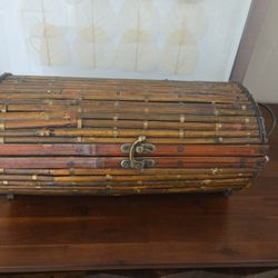 Vintage Bamboo & Wood Chest – Rustic Boho Storage (14")